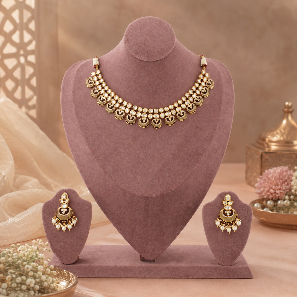 Double row diamond-look gold carving choker set with matching earrings