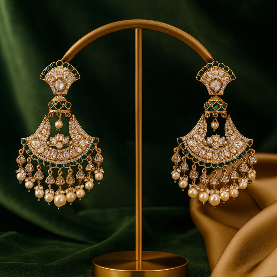 Ornate gold and pearl earrings on a stand with a green fabric background