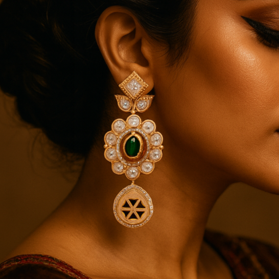 Woman wearing gold earrings with a green gemstone against a warm brown background
