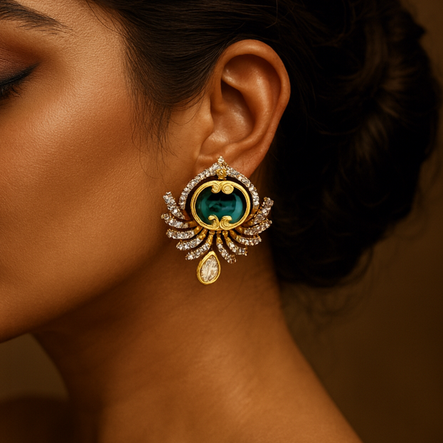 Woman wearing a pair of ornate earrings with a brown background