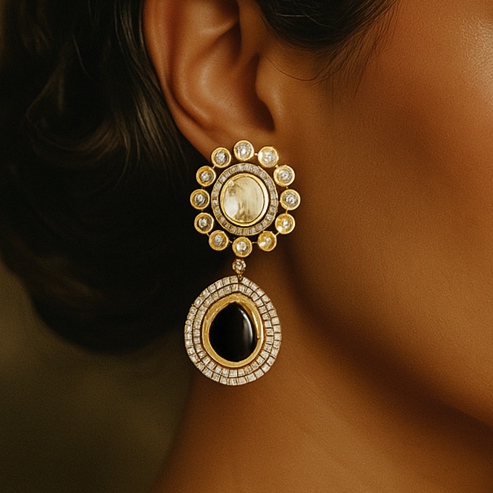 Close-up of a woman wearing an ornate earring with a blurred background