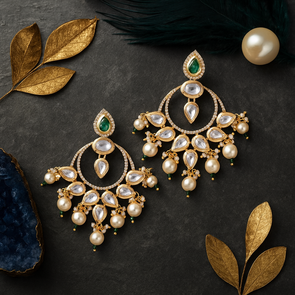 Ruhani Emerald  Pearl Chandelier Earrings