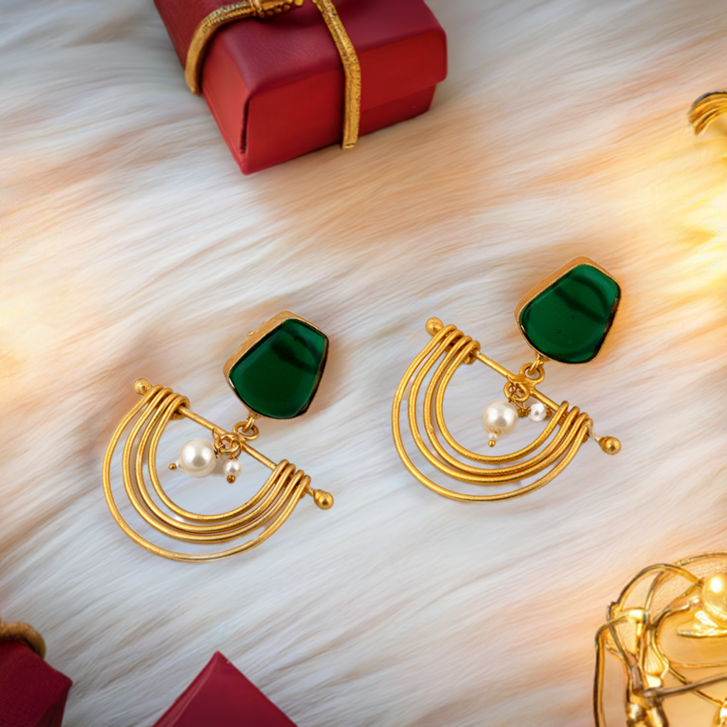 Emerald Pearl Half Moon Earrings