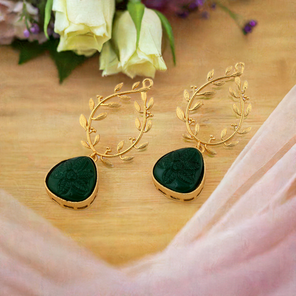 Emerald Golden Leaf Earrings