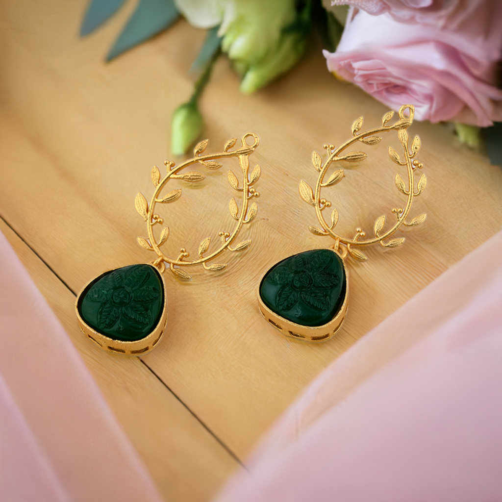 Emerald Golden Leaf Earrings
