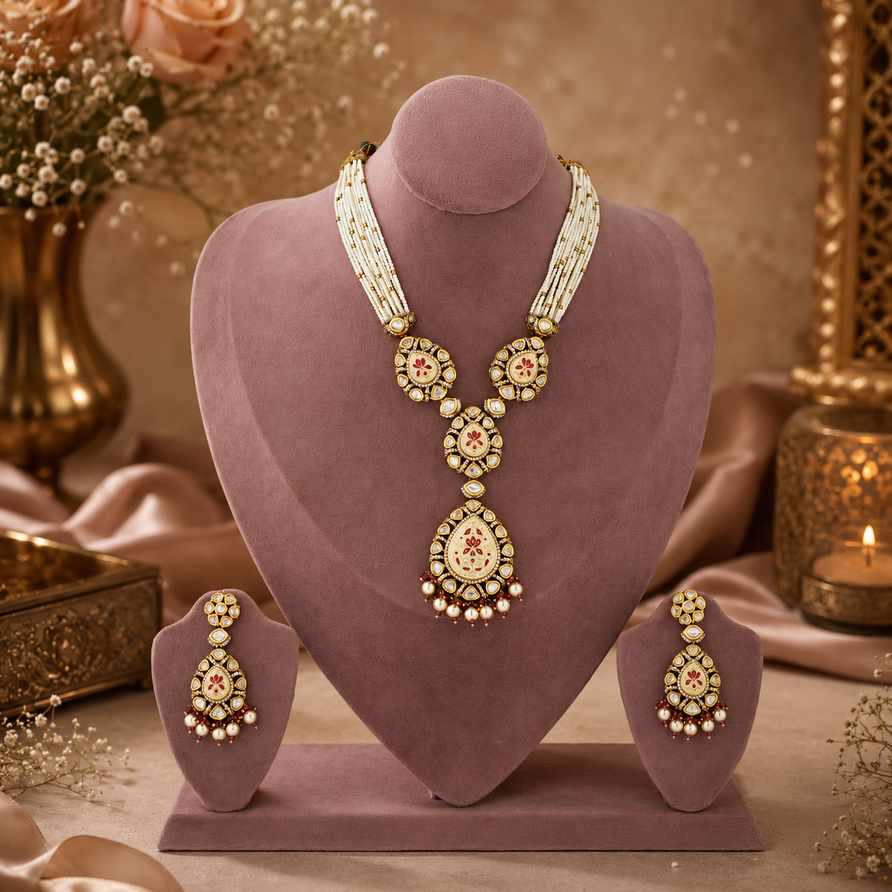 Ivory multi-strand Rani Haar imitation jewellery set with red floral detailing and matching earrings