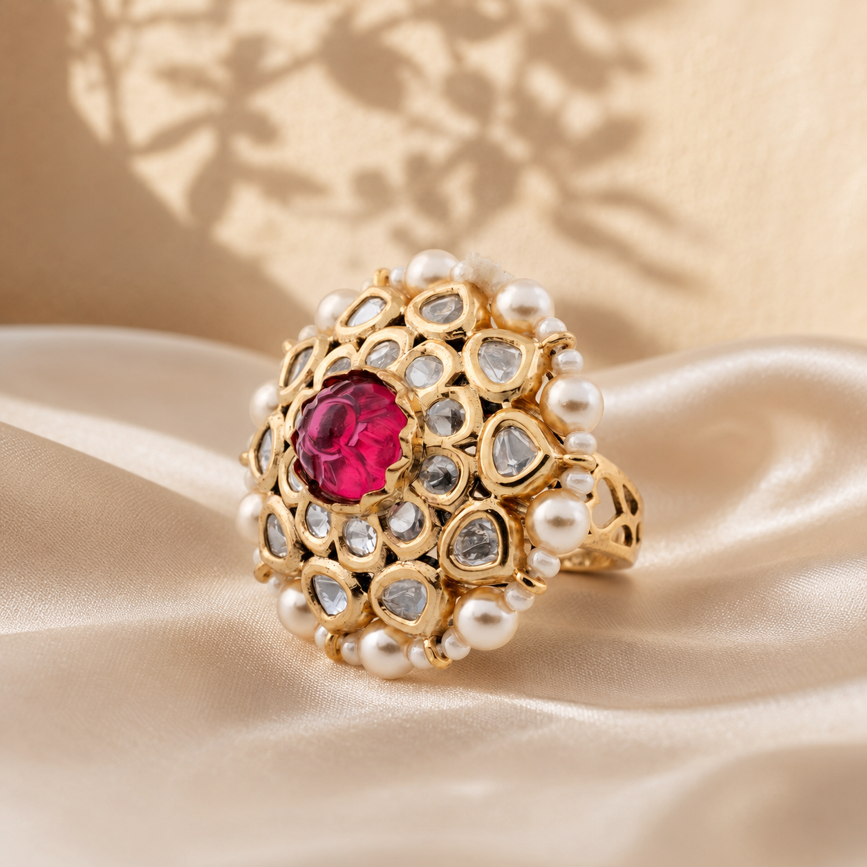Close-up of a woman wearing a pink floral and pearl-look statement ring