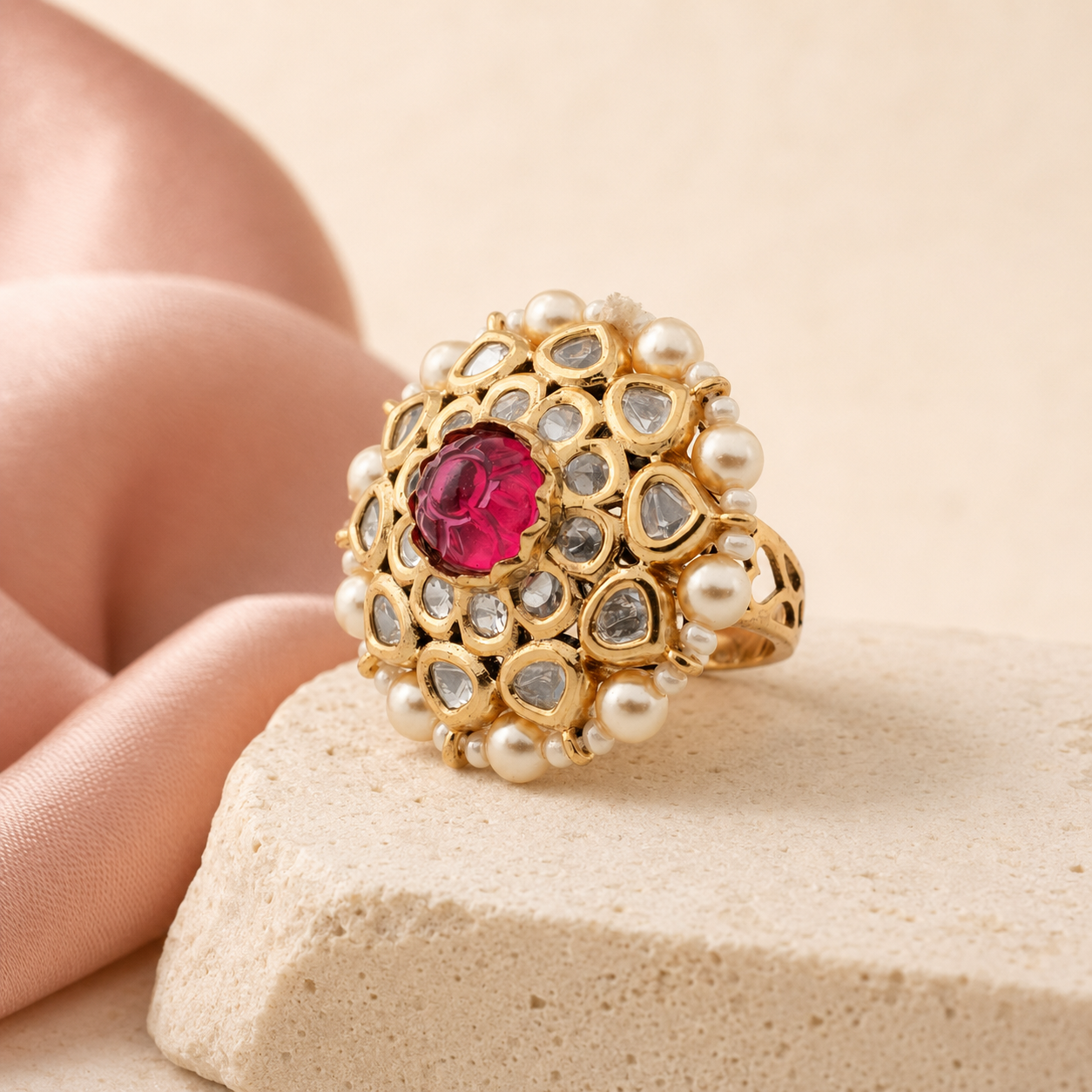 Pink floral statement ring with clear stones and pearl-look border on a satin display
