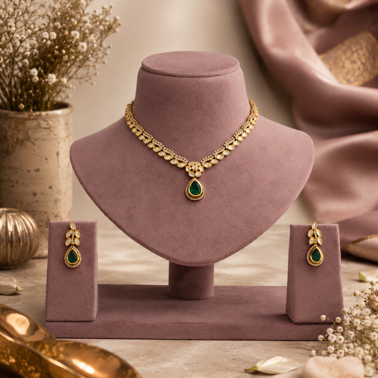 Delicate artificial emerald diamond necklace set by Zoi Craft