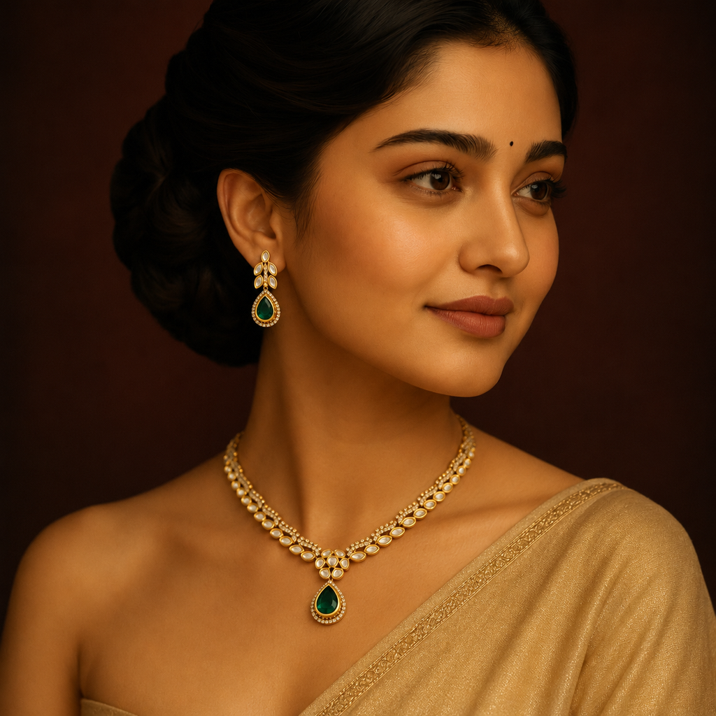 Diamond-look gold finish necklace set with green emerald droplet pendant