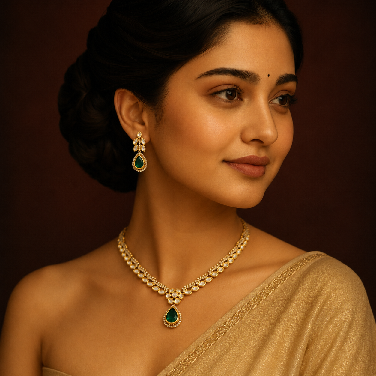 Diamond-look gold finish necklace set with green emerald droplet pendant