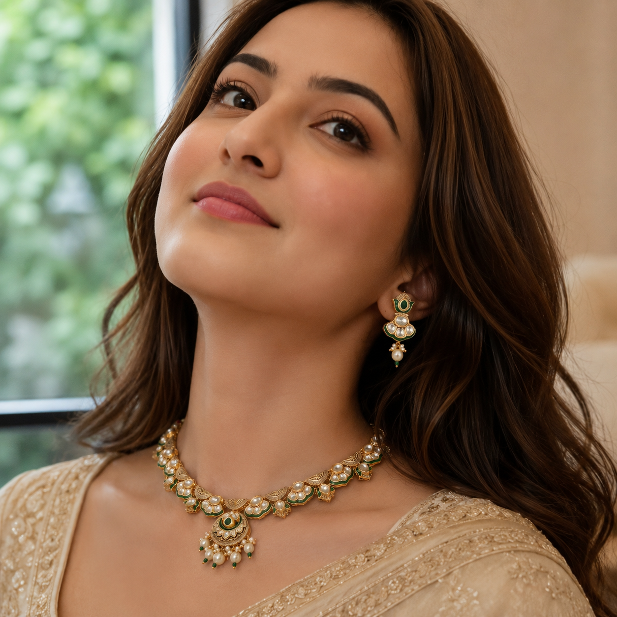 Harini Green Meenakari Pearl Diamond Necklace Set on model