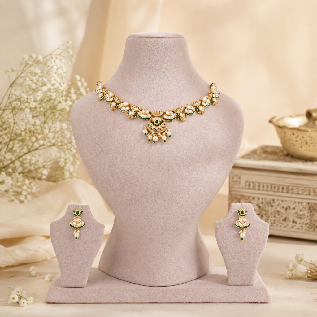 Harini Green Meenakari Pearl Diamond Necklace Set by Zoi Craft