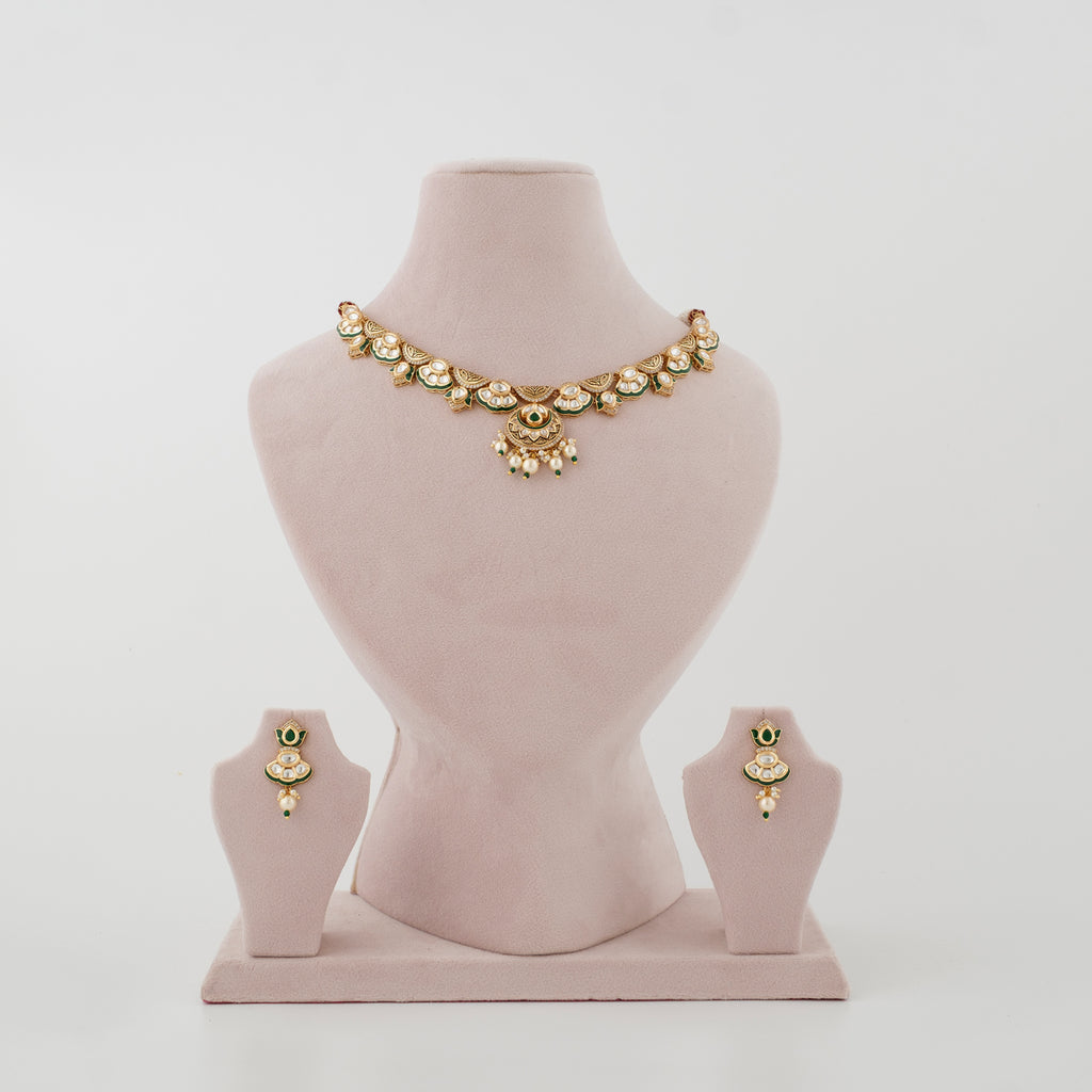 Harini Green Meenakari Pearl Diamond Necklace Set front view