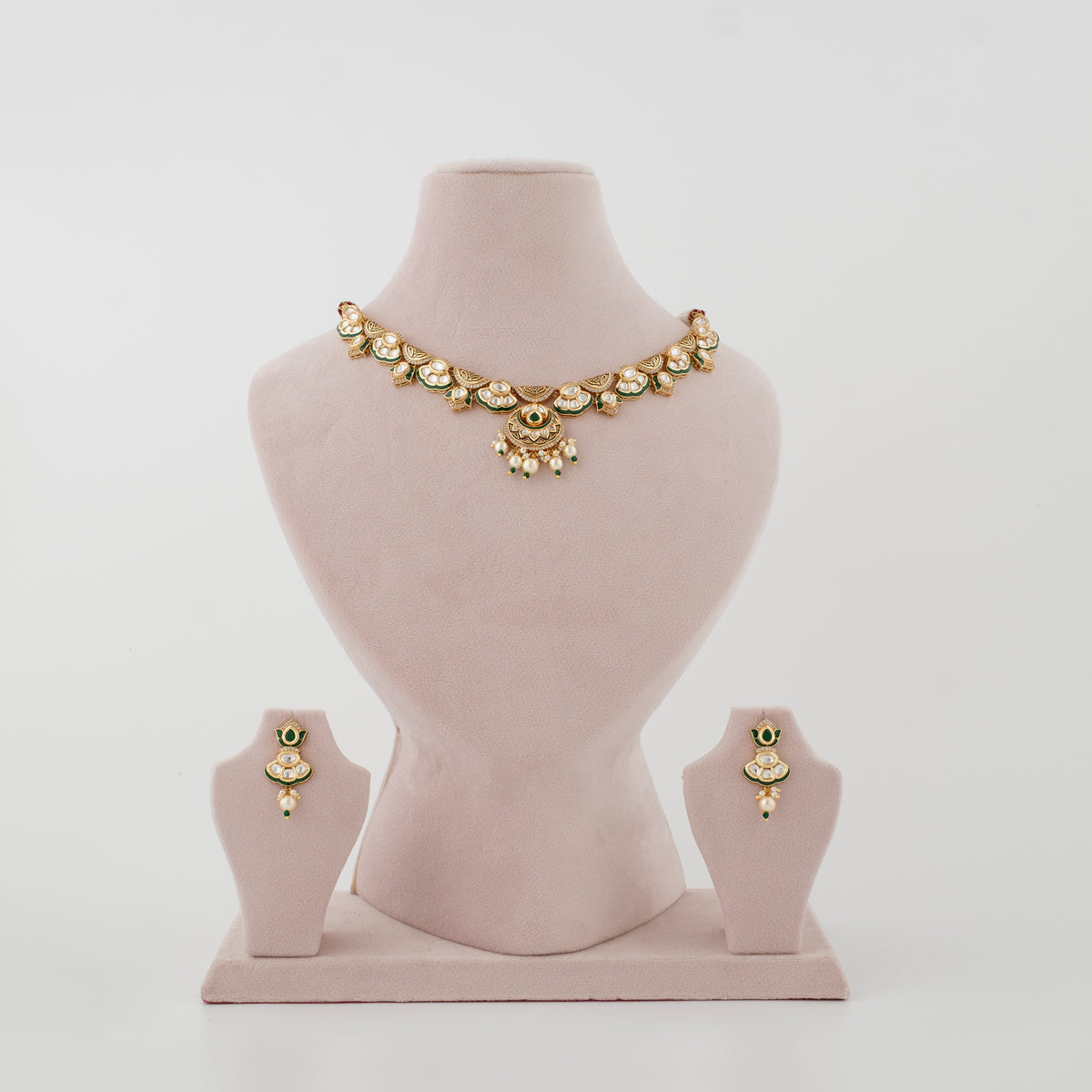 Harini Green Meenakari Pearl Diamond Necklace Set front view