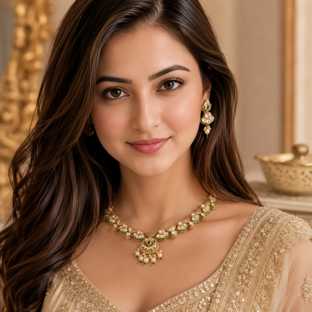 Harini Green Meenakari Pearl Diamond Necklace Set with earrings