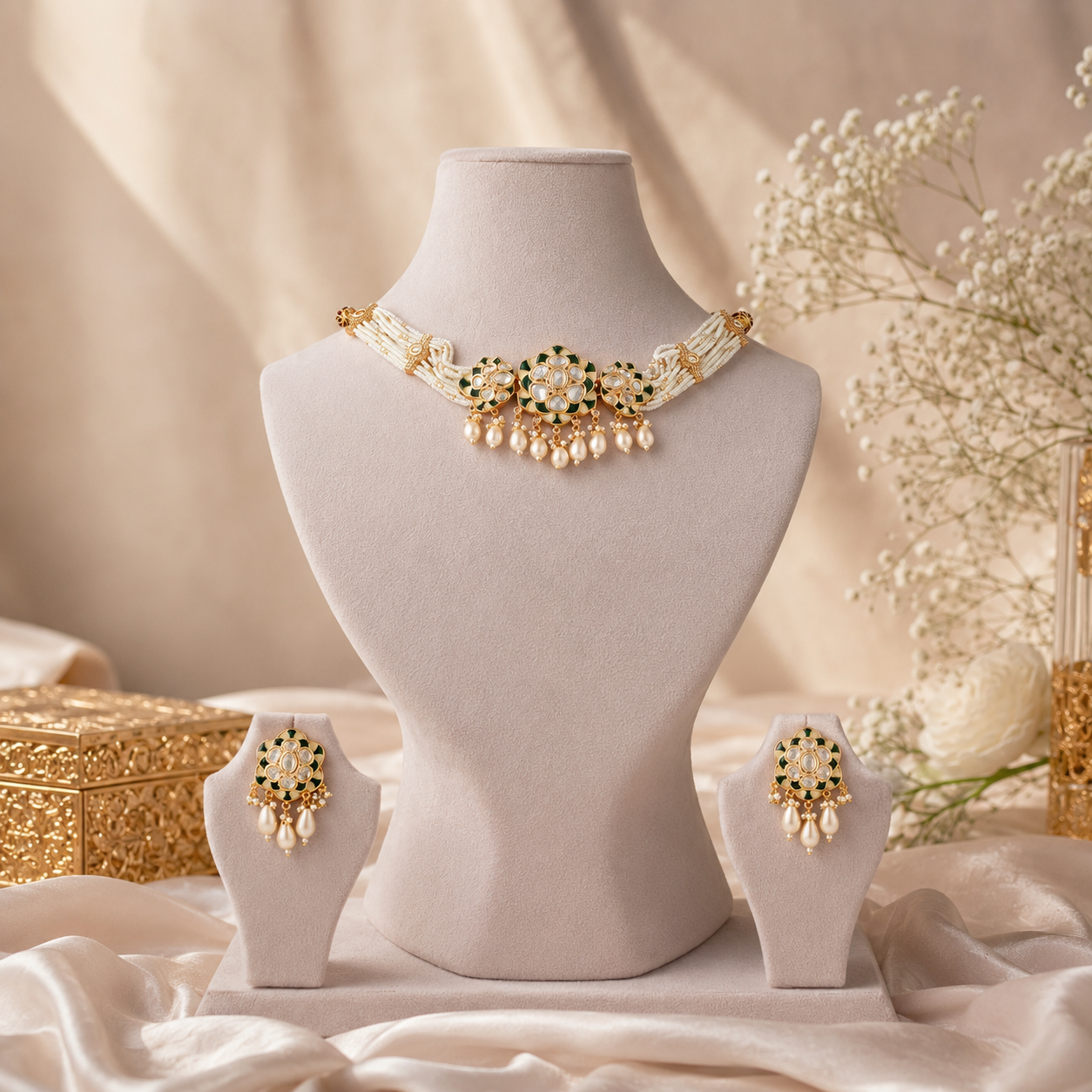 Harini Green Meenakari Pearl Necklace Set with matching earrings