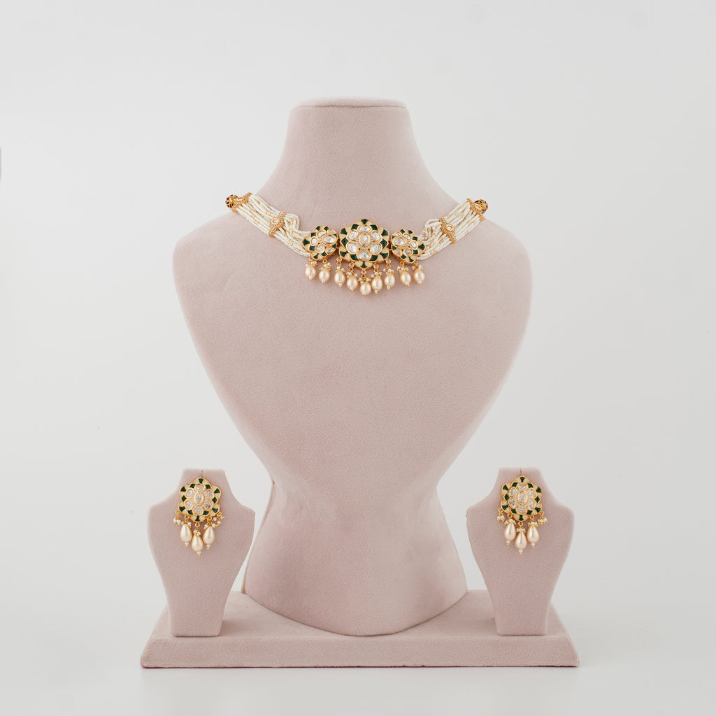Harini Green Meenakari Pearl Necklace Set front view
