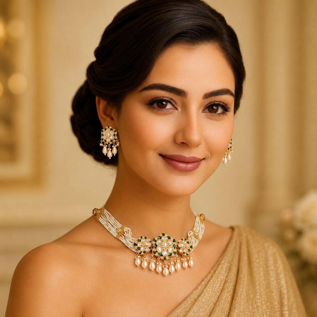 Harini Green Meenakari Pearl Necklace Set on model