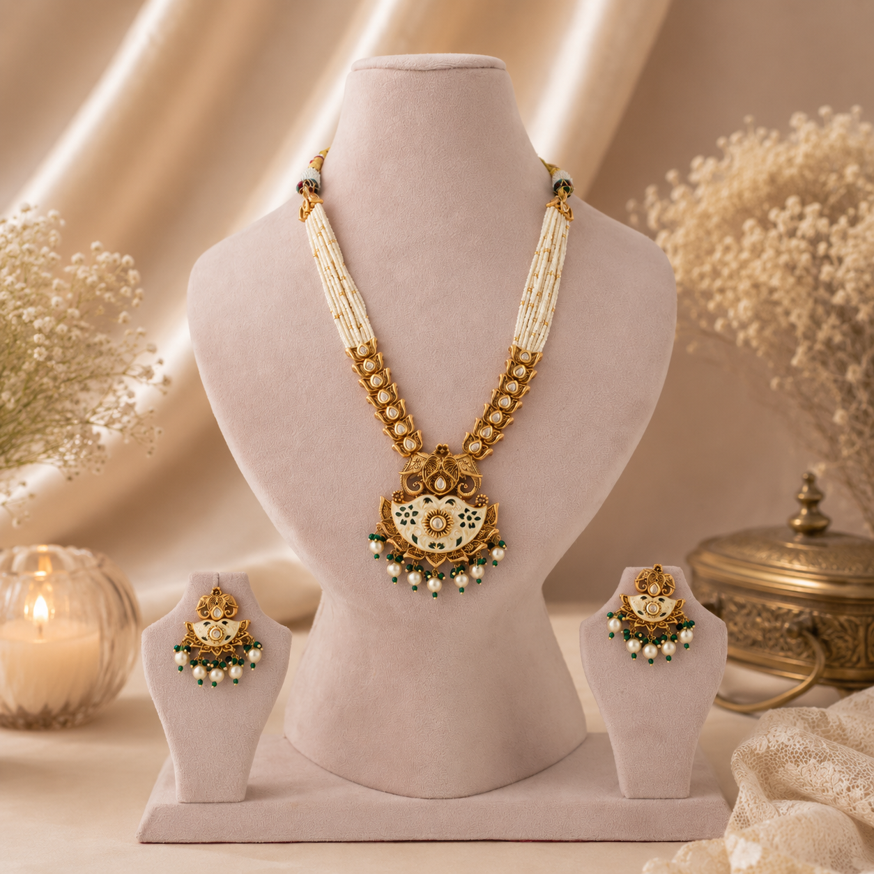 Green meenakari pearl string necklace set with matching earring