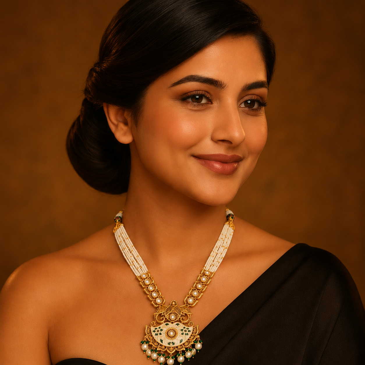 Green meenakari pearl string necklace set with matching earrings