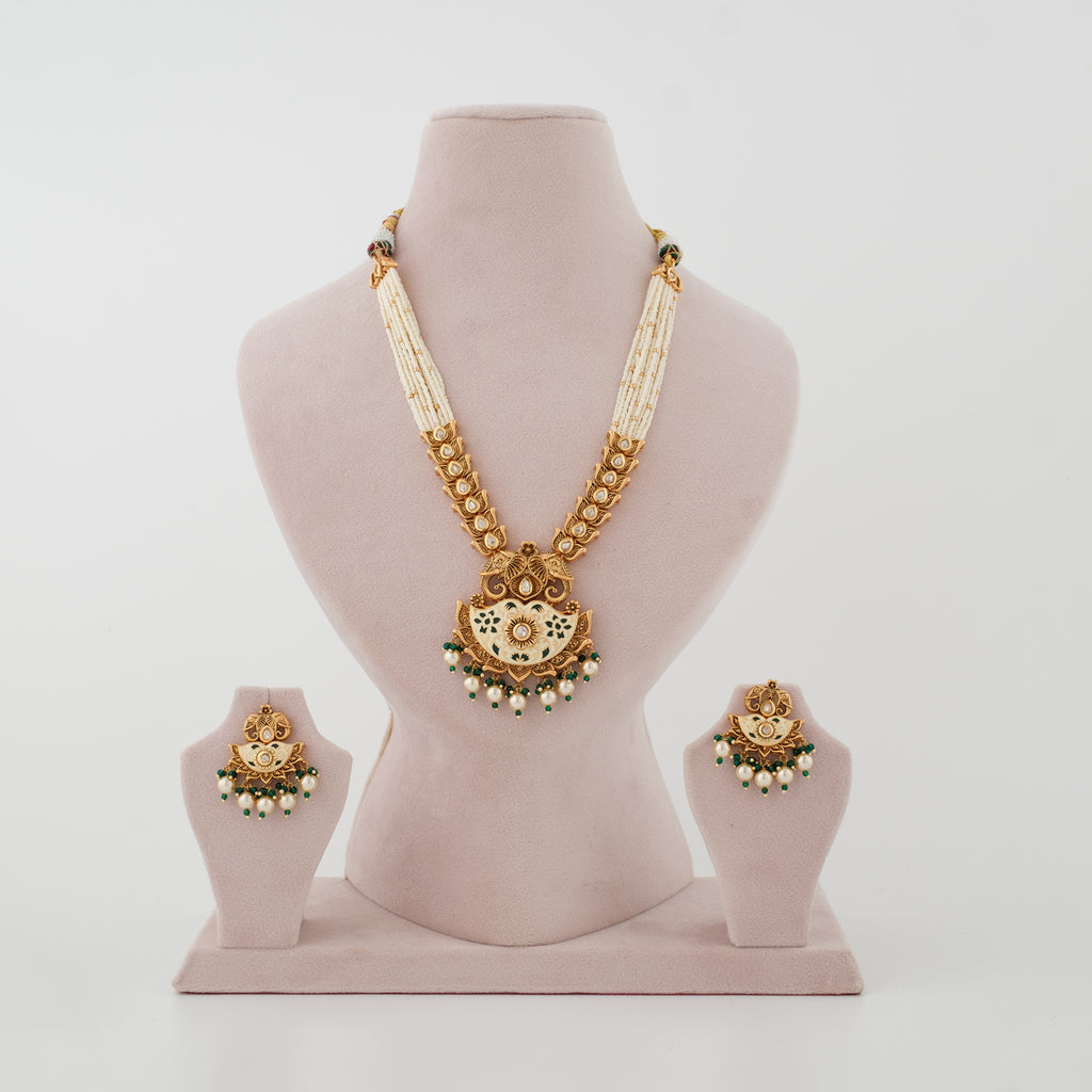 Harini Green Meenakari Pearl Pendant Necklace Set front view