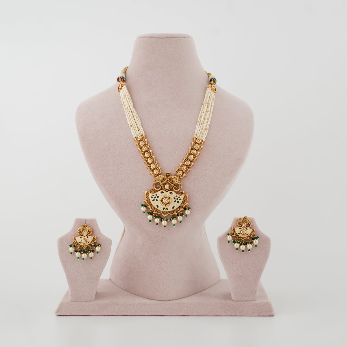 Harini Green Meenakari Pearl Pendant Necklace Set front view