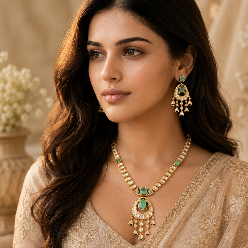 Model wearing Haritima mint-green Kundan necklace set with diamond-look stones and long earrings