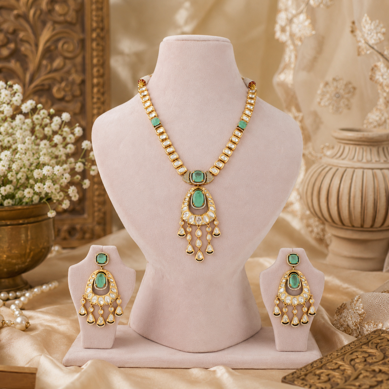 Gold-tone imitation necklace set with mint emerald-look stones and clear teardrop detailing