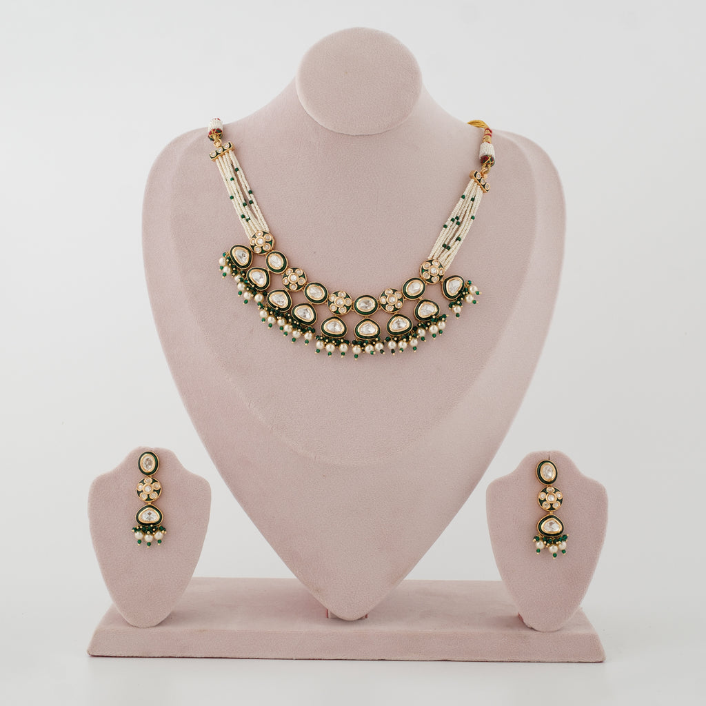 Haritprabha green meenakari Kundan moti necklace set with matching earrings