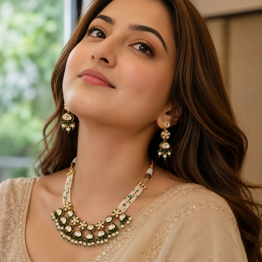 Model wearing green meenakari Kundan necklace with white moti strands and pearl drops