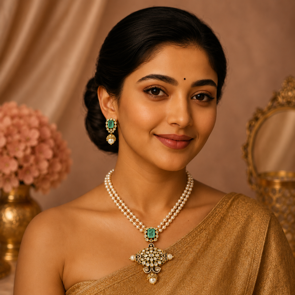 Traditional white pearl necklace set with light-green emerald-colour stone worn with Indian attire