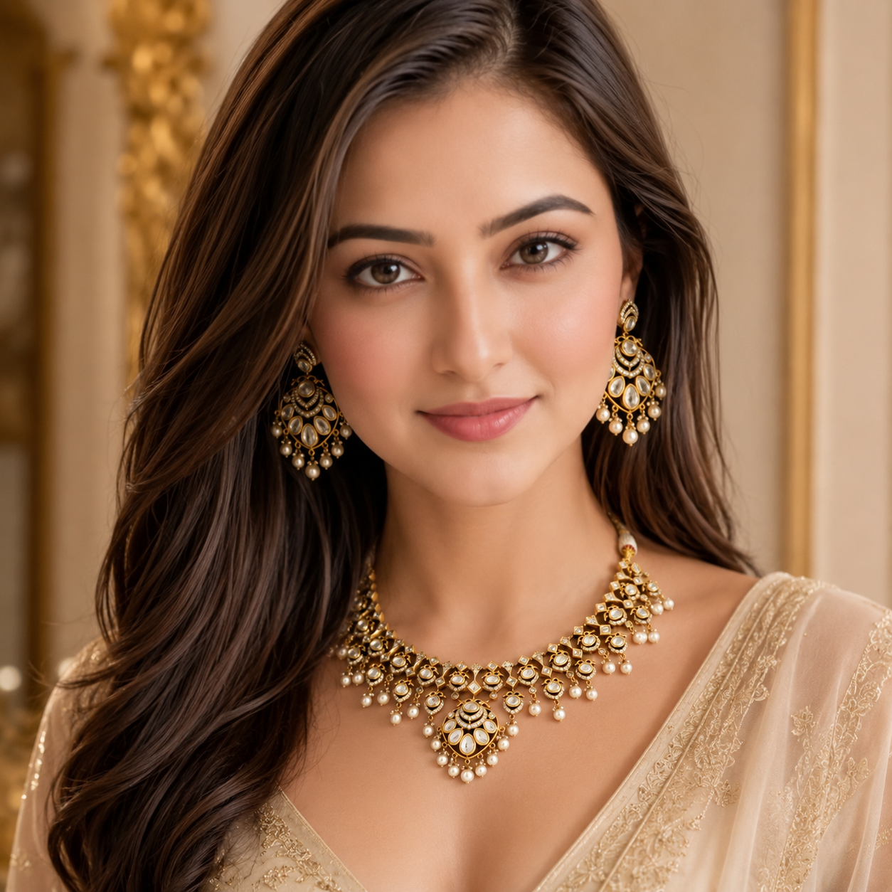 Model wearing Hiranya gold-plated bridal necklace set with white moti earrings