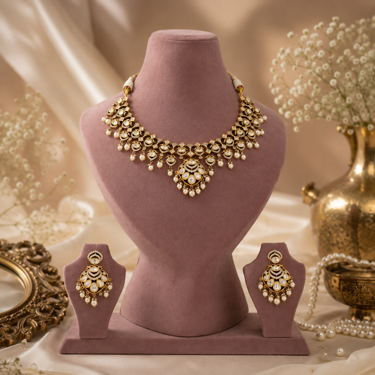 Hiranya gold-plated artificial Kundan necklace set with diamond-look stones and white moti