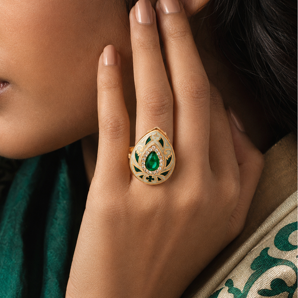 Ira teardrop cocktail ring styled with an ethnic outfit