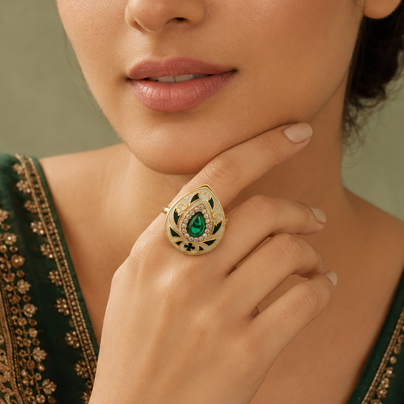 Woman wearing the Ira green Meenakari