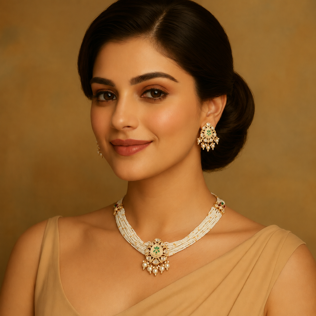 Model wearing Iravya mint necklace set with matching traditional earrings