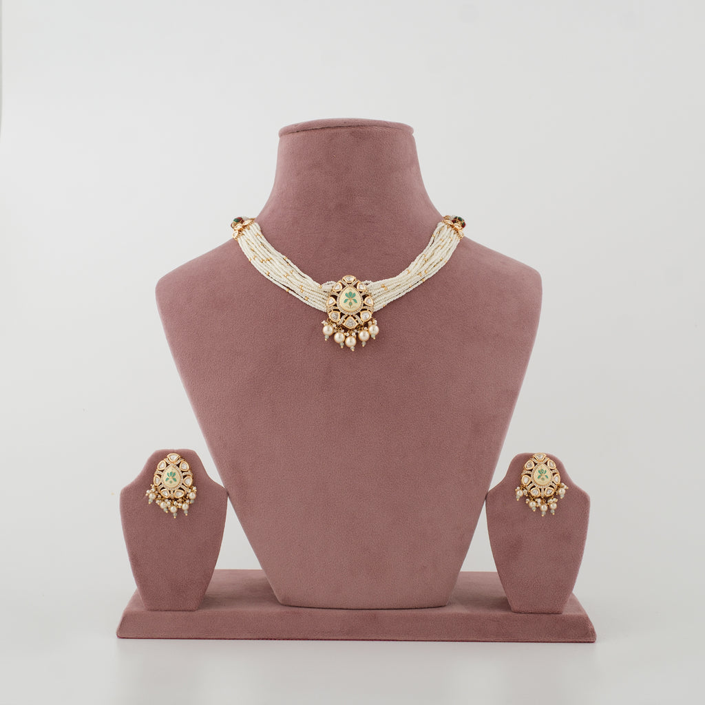 Iravya mint artificial necklace set with ivory bead strands and matching earrings