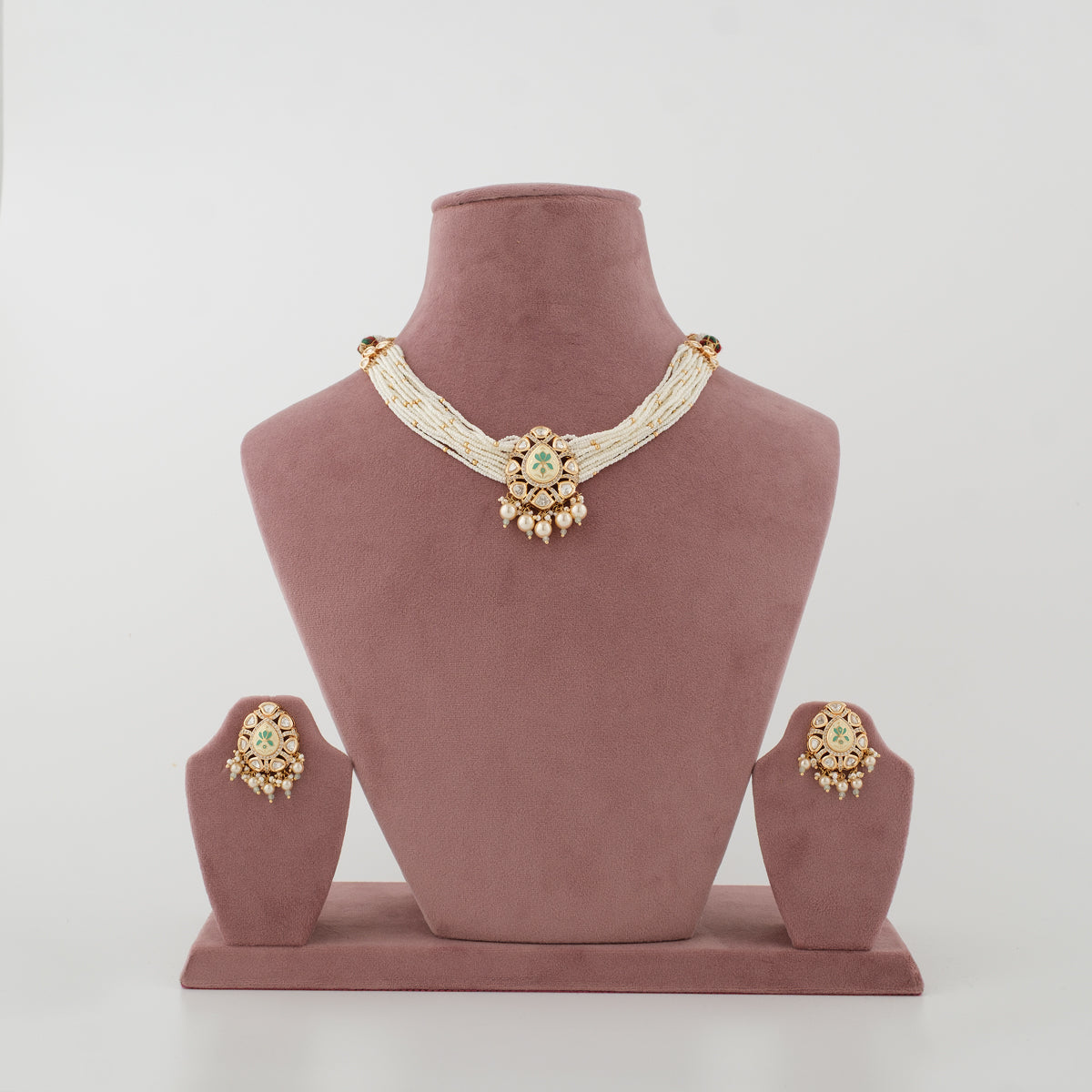 Iravya mint artificial necklace set with ivory bead strands and matching earrings