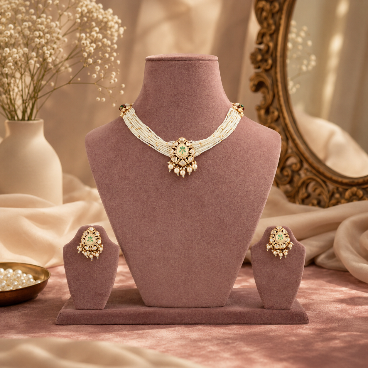 Mint green imitation jewellery set with ivory bead strands and pearl-look drops