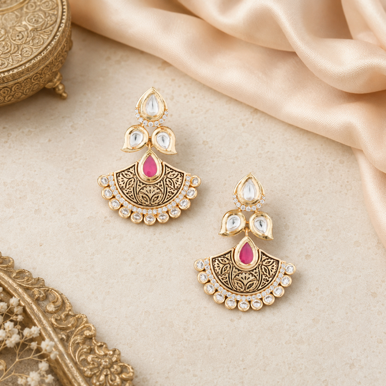 Pair of Ishani antique Kundan fan earrings with pink teardrop centres displayed on ivory stone and champagne silk