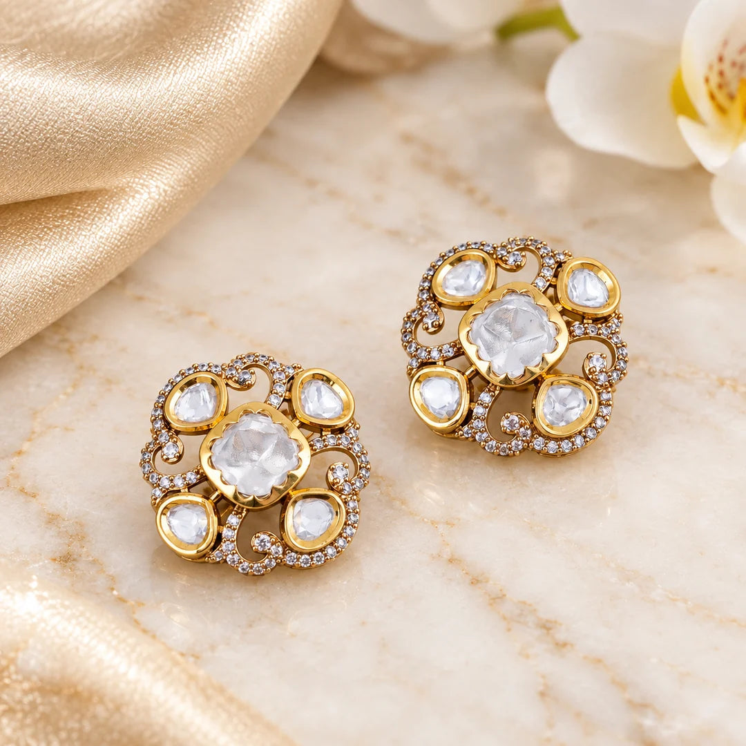 Ishani Crystal Floral Kundan-Style Stud Earrings