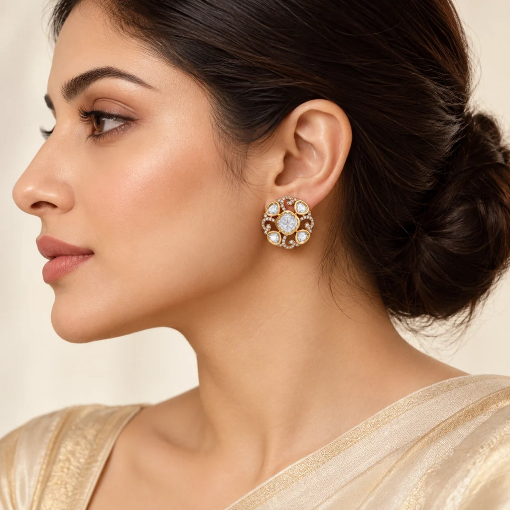 Ishani Crystal Floral Kundan-Style Stud Earrings