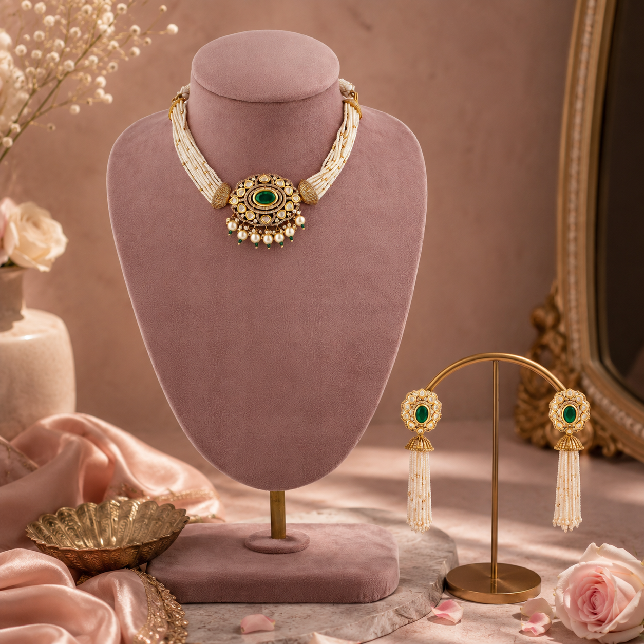 Ishani Emerald Pearl Meenakari Necklace Set with diamond look stones and green meenakari work