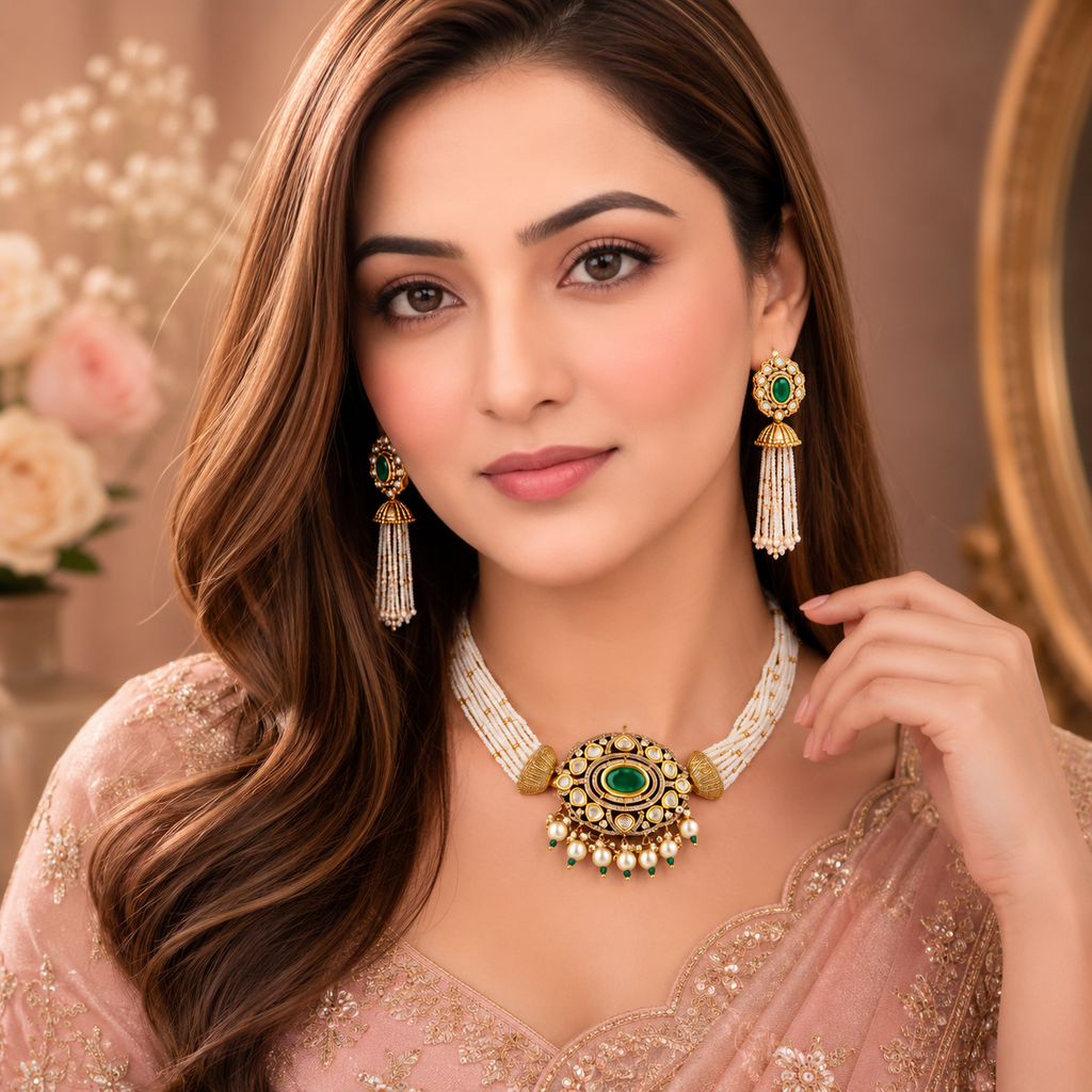 Ishani Emerald Pearl Meenakari Necklace Set by Zoi Craft for bridal and festive wear