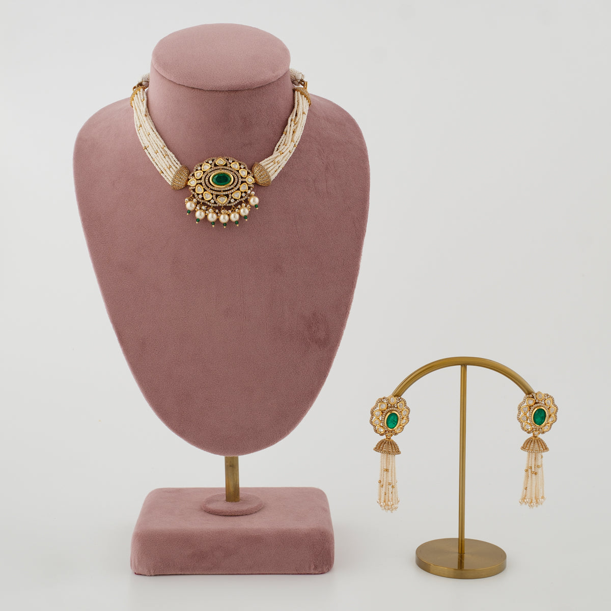 Ishani Emerald Pearl Meenakari Necklace Set with gold plated finish and pearl strand
