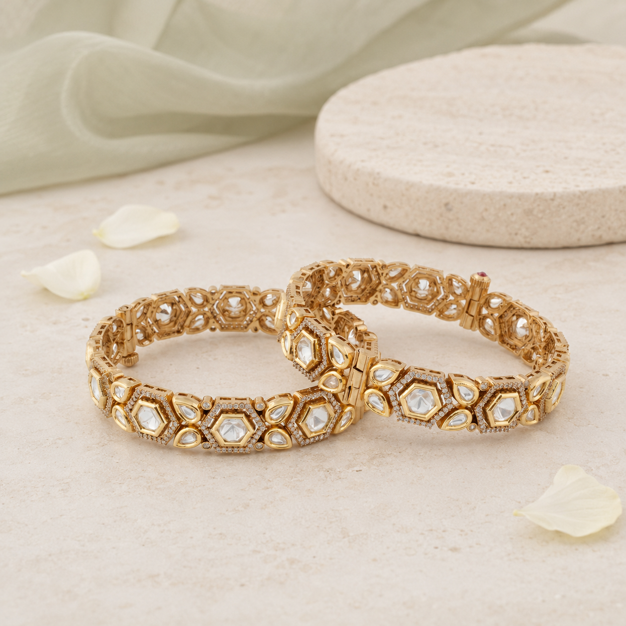 Gold-finish hexagonal Kundan-style kada bangle set front view