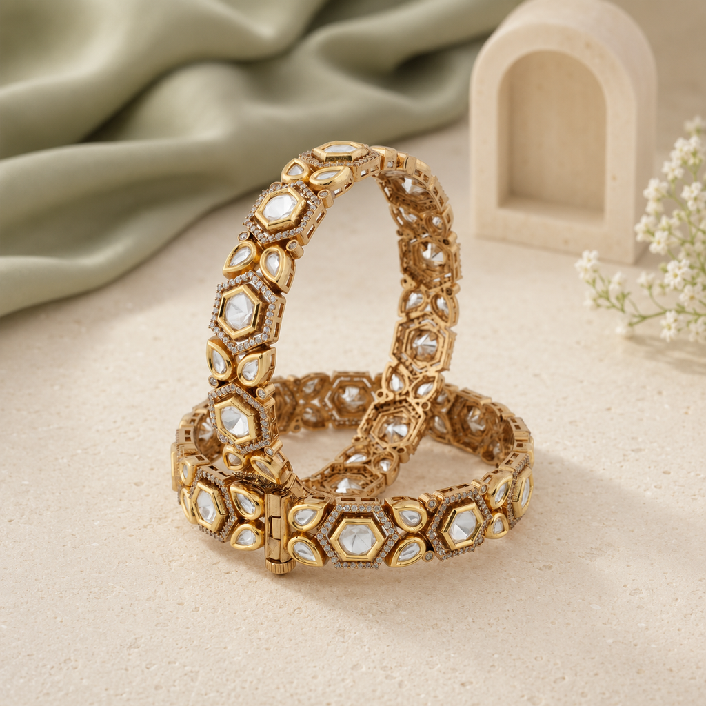 Ishani gold geometric Kundan-style kada bangles upright view