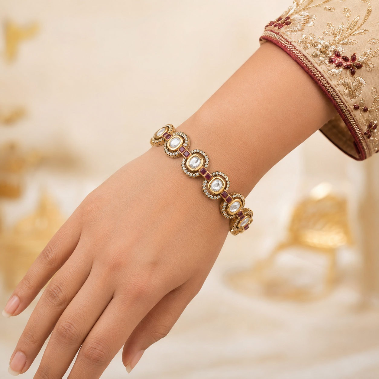 Woman wearing one Ishani gold-finish Kundan-style statement bangle on her wrist