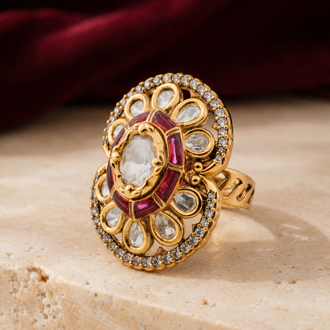 Ruby-red enamel Kundan-look ring displayed with burgundy satin fabric